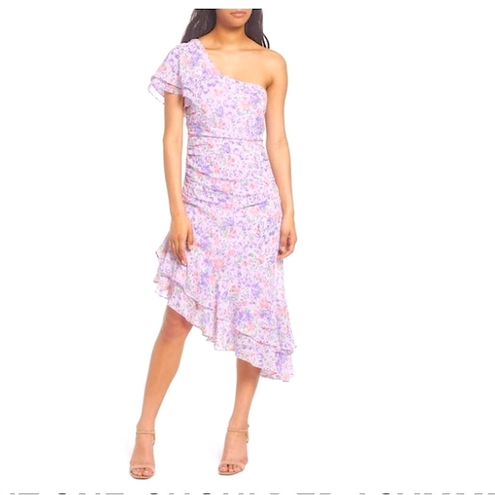 Anthropologie! Floreat Floral One Shoulder Asymmetric Dress in Lilac Purple